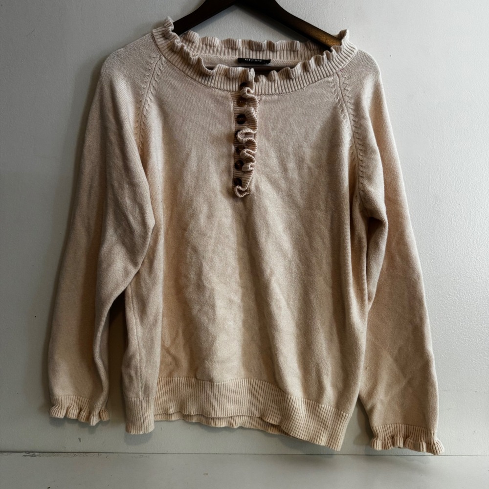 Women's Sz Lg Beige Ruffle Henley Knit Sweater Fall Staples Layers Capsule